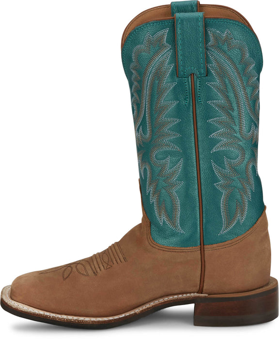 Justin Womens Shay 11in Western Tan/Turquoise Leather Bent Rail Cowboy Boots