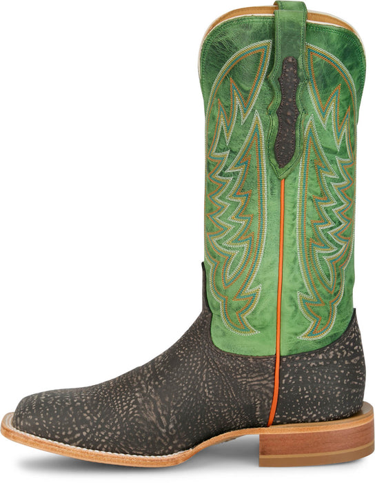 Justin Mens Cowman 13in Shrunken Shoulder Chocolate/Green Leather Cowboy Boots
