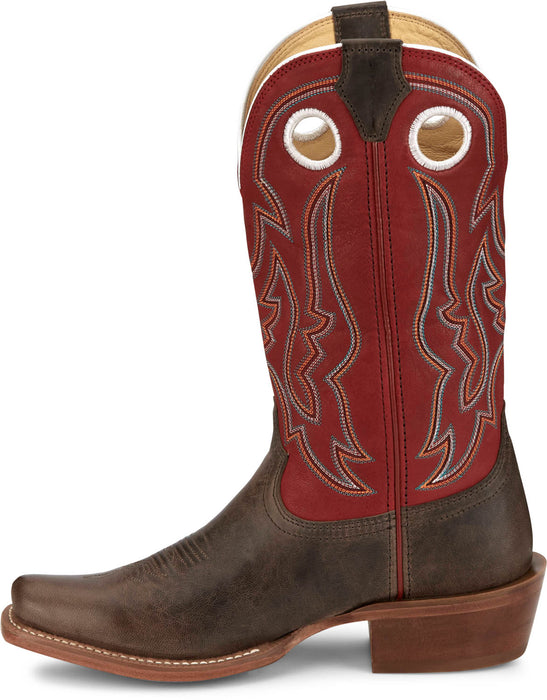 Justin Mens Ante Up 13in Western Hickory/Red Leather Frontier Cowboy Boots