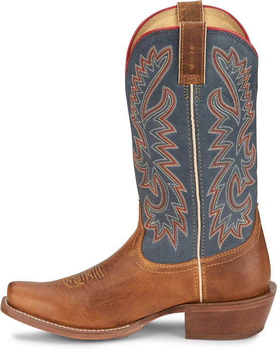 Justin Mens Show Off 13in Western Blue/Oily Tan Leather Frontier Cowboy Boots