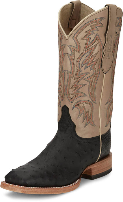 Justin Mens Doc Bar AQHA Black/Beige Full Quill Ostrich Cowboy Boots