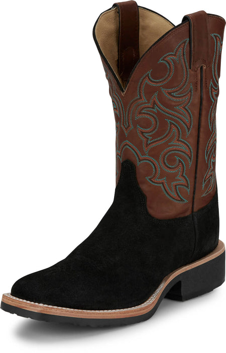 Justin Mens Alamo 11in Roughout Black Leather Bent Rail Cowboy Boots