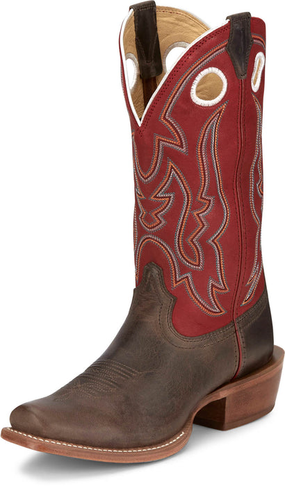 Justin Mens Ante Up 13in Western Hickory/Red Leather Frontier Cowboy Boots