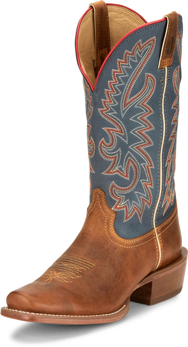 Justin Mens Show Off 13in Western Blue/Oily Tan Leather Frontier Cowboy Boots