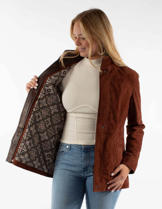 Scully Womens Contrasting Embellished Snap Meron Suede Leather Jacket