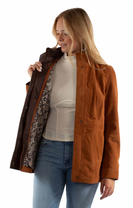 Scully Womens Contrasting Embellished Snap Tan Suede Leather Jacket