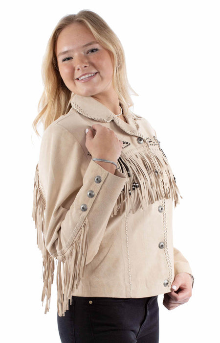 Scully Womens Fringe Yoke Beaded Sand Leather Leather Jacket