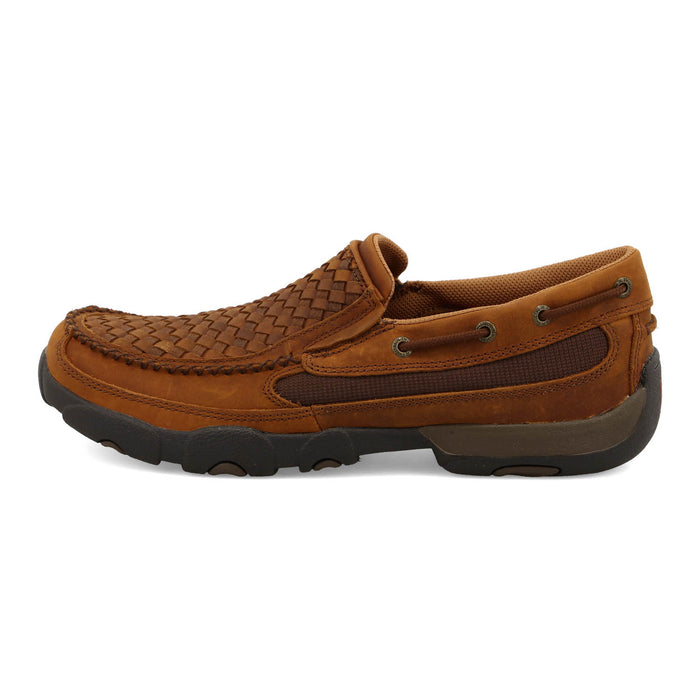 Twisted X Mens Driving Moc Woven Oiled Saddle/Brown Leather Slip-On Shoes