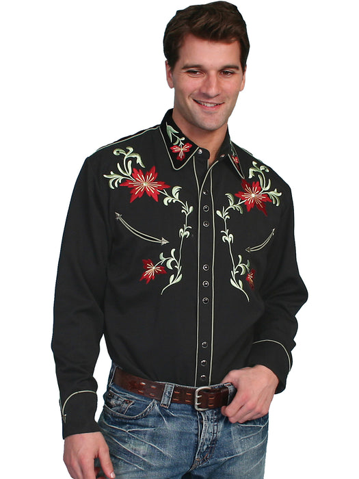 Scully Mens Black Poly/Rayon Tooled Floral L/S Shirt