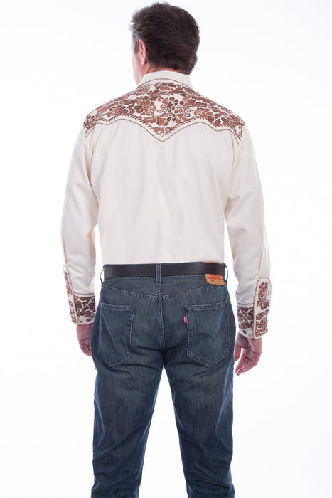 Scully Mens Natural Poly/Rayon Tooled Floral L/S Shirt