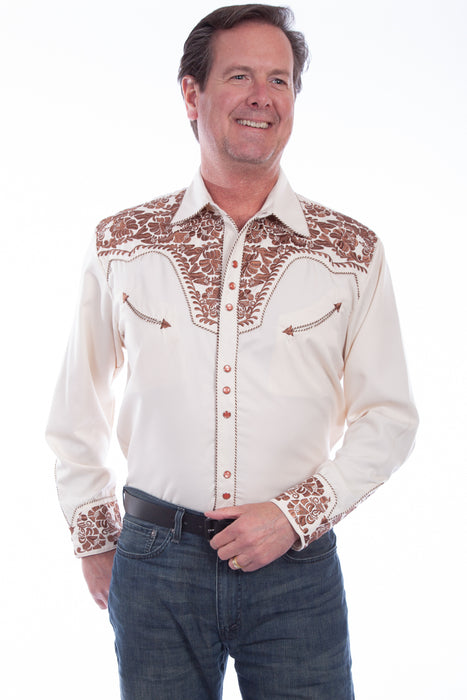 Scully Mens Natural Poly/Rayon Tooled Floral L/S Shirt