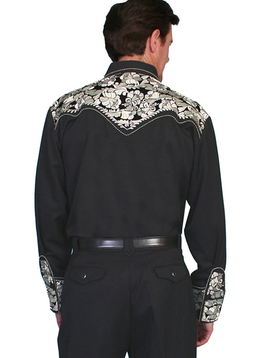 Scully Mens Floral Tooled Embroidery Silver Poly/Rayon L/S Shirt