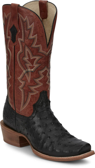 Tony Lama Mens Rylen 13in Black/Red Full Quill Ostrich Cowboy Boots