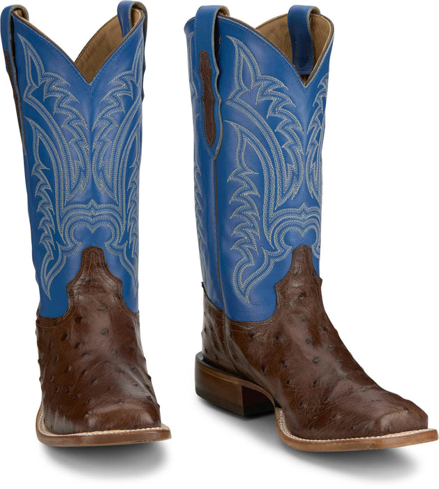 Tony Lama Mens Damilano 13in Western Brown/Blue Full Quill Ostrich Cowboy Boots