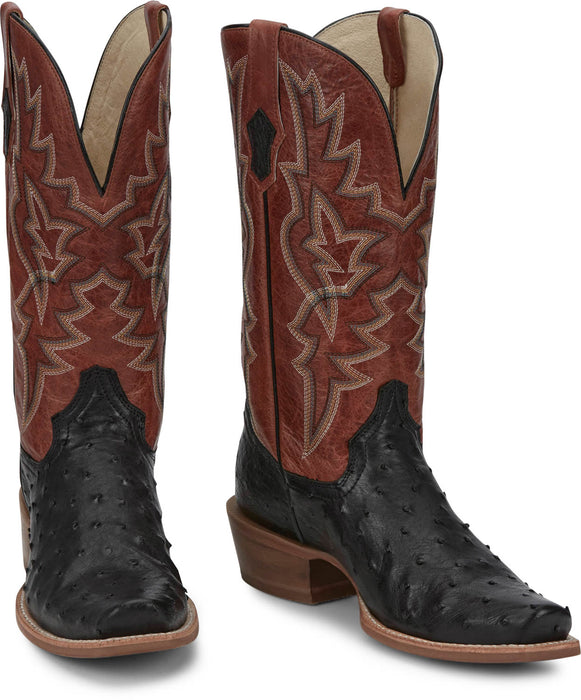 Tony Lama Mens Rylen 13in Black/Red Full Quill Ostrich Cowboy Boots