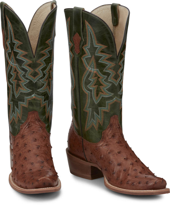 Tony Lama Mens Rylen 13in Brandy/Green Full Quill Ostrich Cowboy Boots