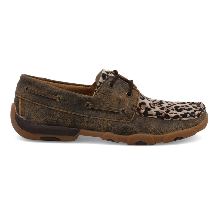 Twisted X Womens Driving Moc Distressed/Leopard Leather Boat Shoes