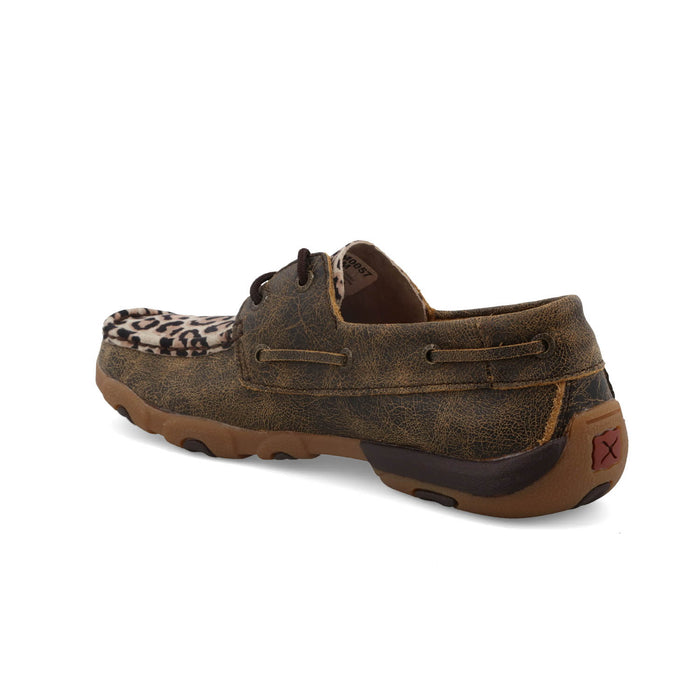 Twisted X Womens Driving Moc Distressed/Leopard Leather Boat Shoes
