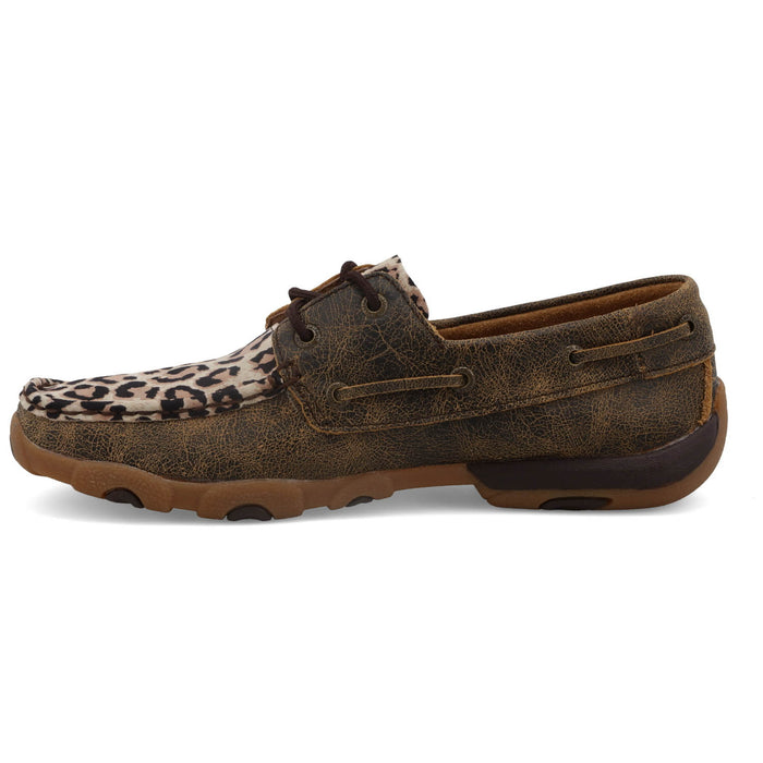 Twisted X Womens Driving Moc Distressed/Leopard Leather Boat Shoes