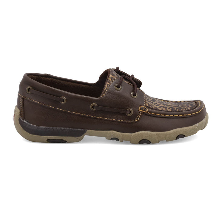 Twisted X Womens Driving Moc Flower Brown Leather Boat Shoes