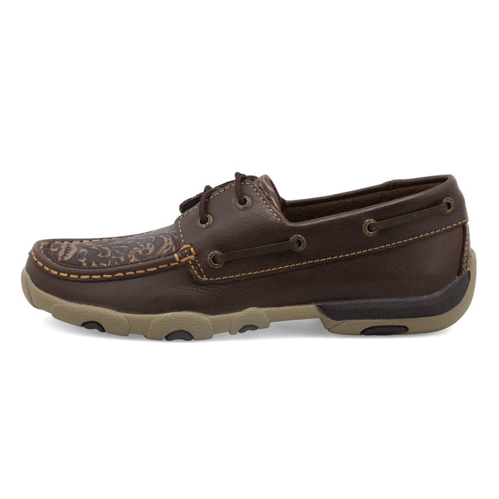 Twisted X Womens Driving Moc Flower Brown Leather Boat Shoes