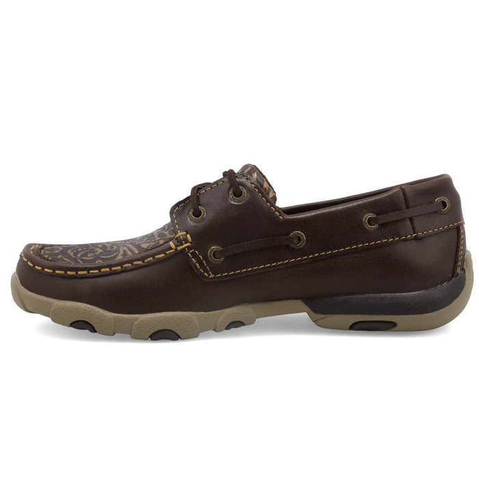 Twisted X Womens Driving Moc Flower Brown Leather Boat Shoes