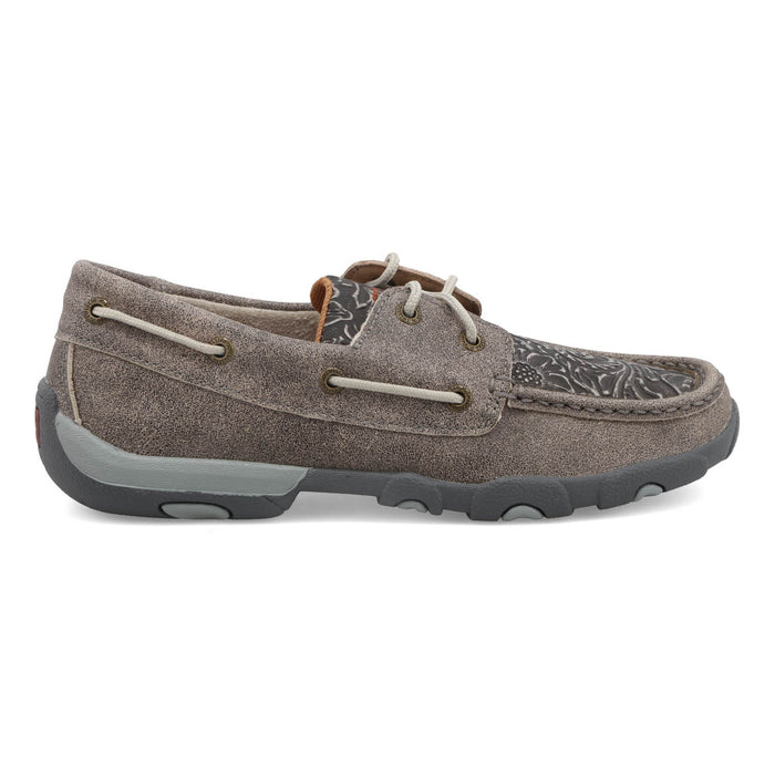 Twisted X Womens Driving Moc Grey/Grenadine Leather Tooled Boat Shoes