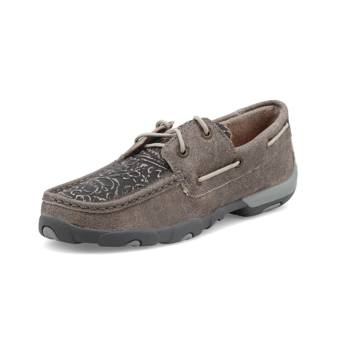 Twisted X Womens Driving Moc Grey/Grenadine Leather Tooled Boat Shoes