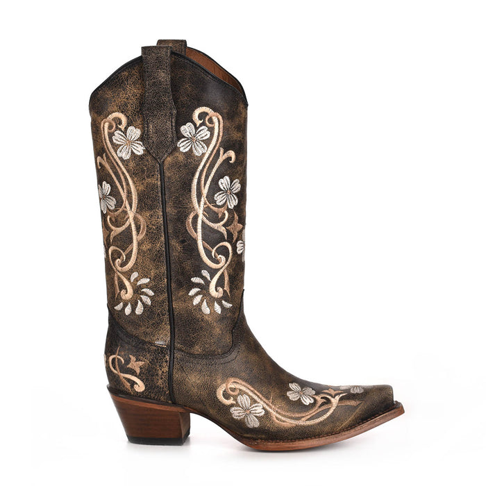 Circle G Ladies Embroidery Black Cowhide Leather Cowgirl Boots