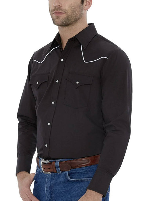 Ely and Walker Mens Contrast Piping Western Black Poly/Cotton L/S Shirt